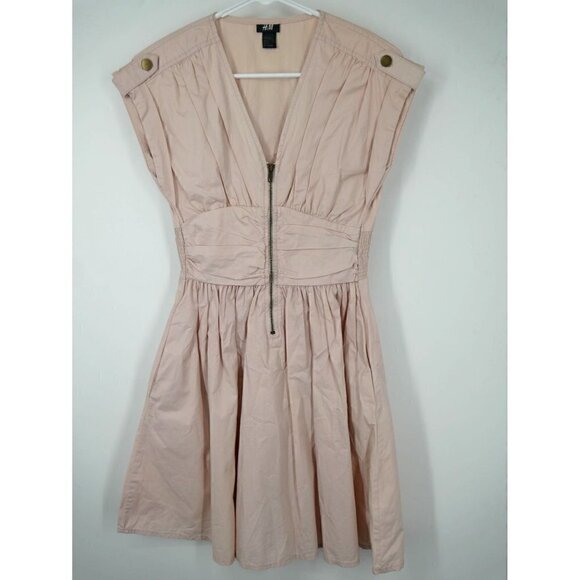 NEW H&M Utility V neck Ruched Baby Pink Mini Dress 4 - Picture 1 of 4